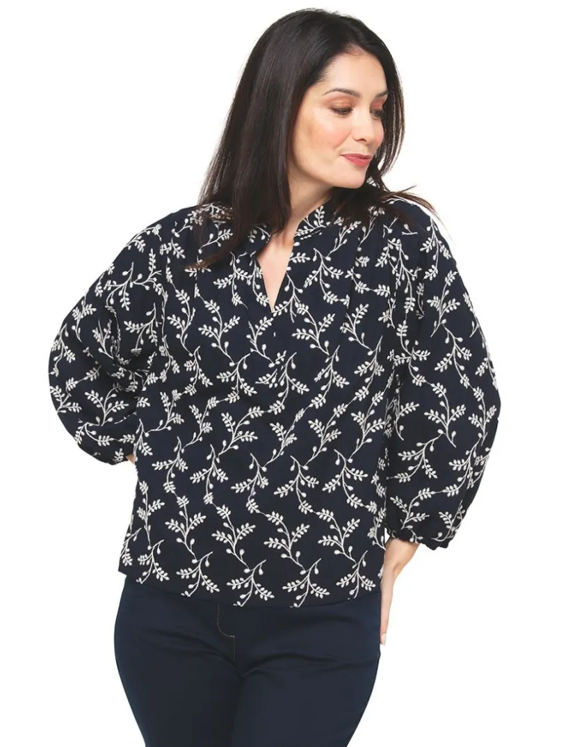 Discount Blouse brodée bleu marine Chemisiers & Blouses|Hauts