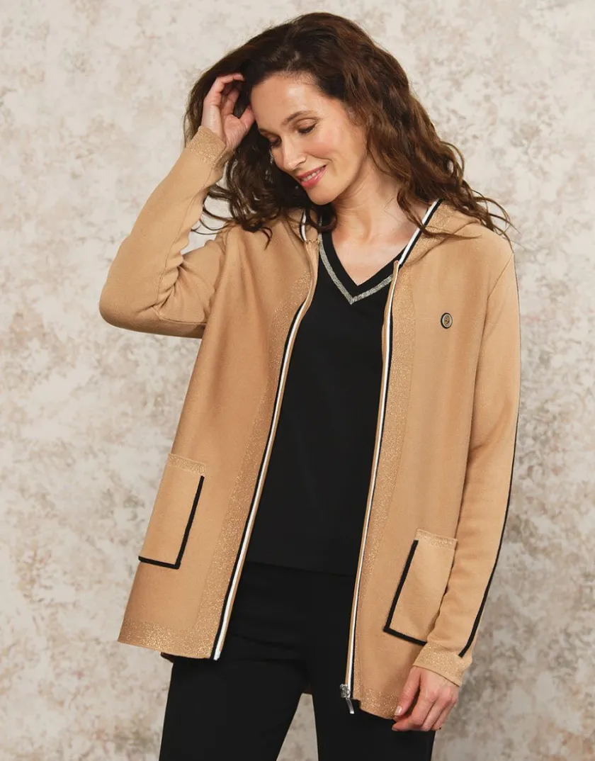 Fashion Gilet long capuche camel Gilets|Maille