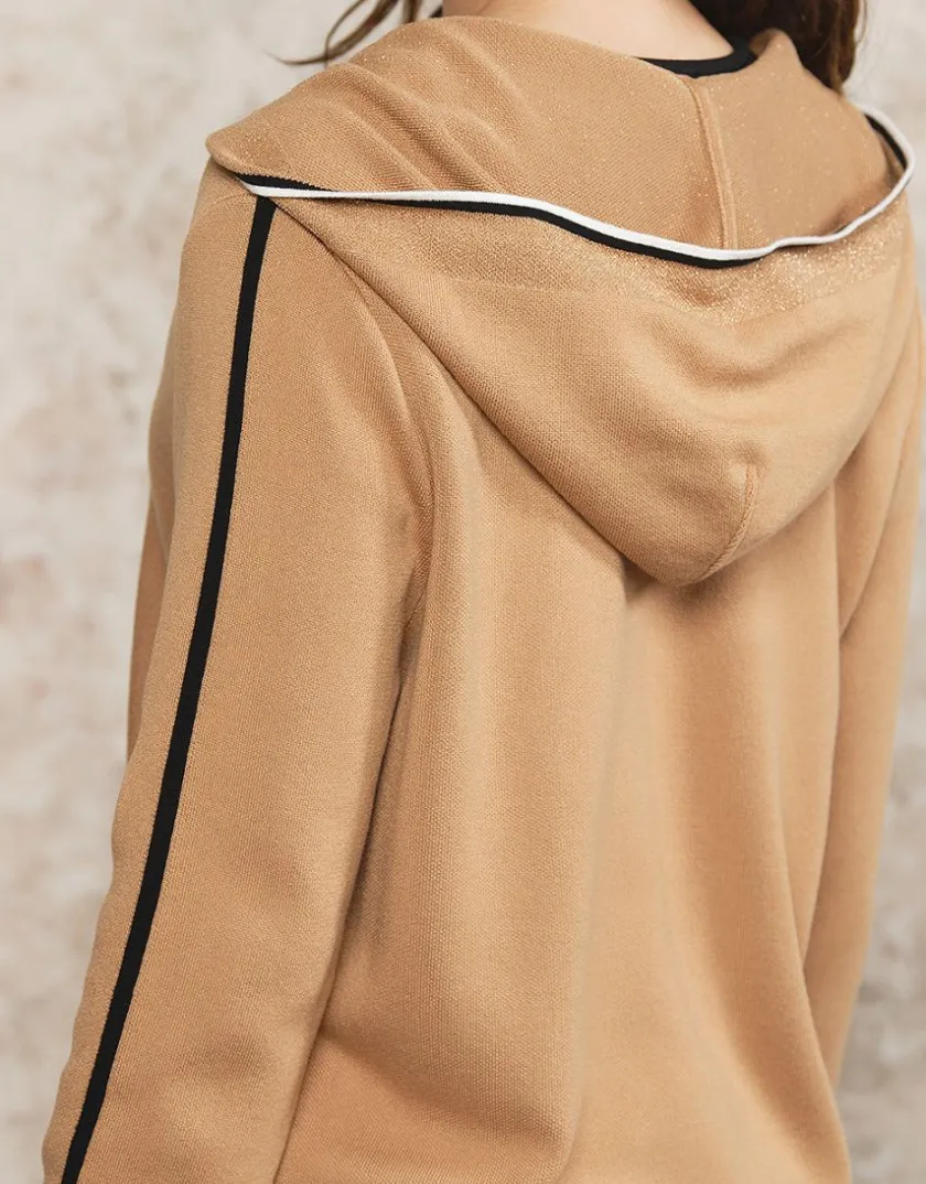 Fashion Gilet long capuche camel Gilets|Maille