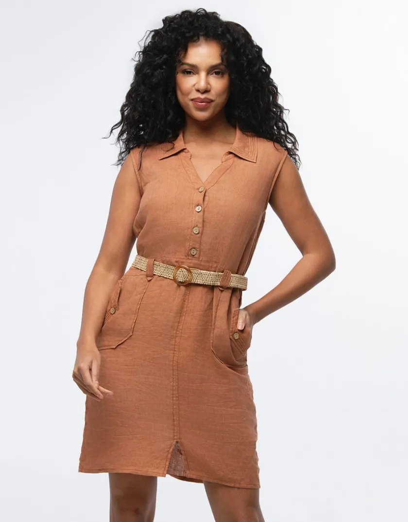 Discount Robe en lin marron Robes|Robes & Jupes