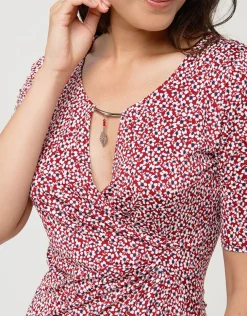 Hot Robe rouge drapée fleurie Robes|Robes & Jupes