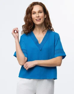 Discount Top gaze de coton bleu Chemisiers & Blouses|Hauts