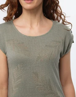 Fashion T-shirt kaki strass T-shirts|Hauts