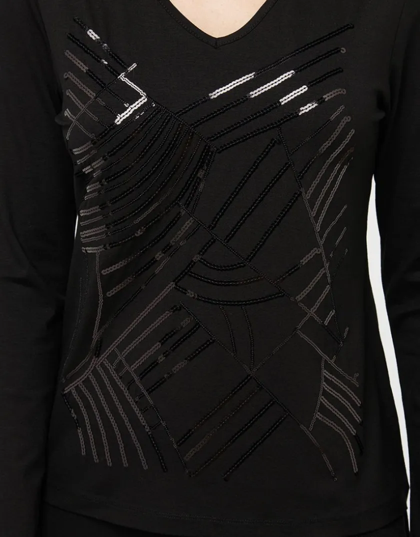 Fashion T-shirt noir sequins T-shirts|Hauts